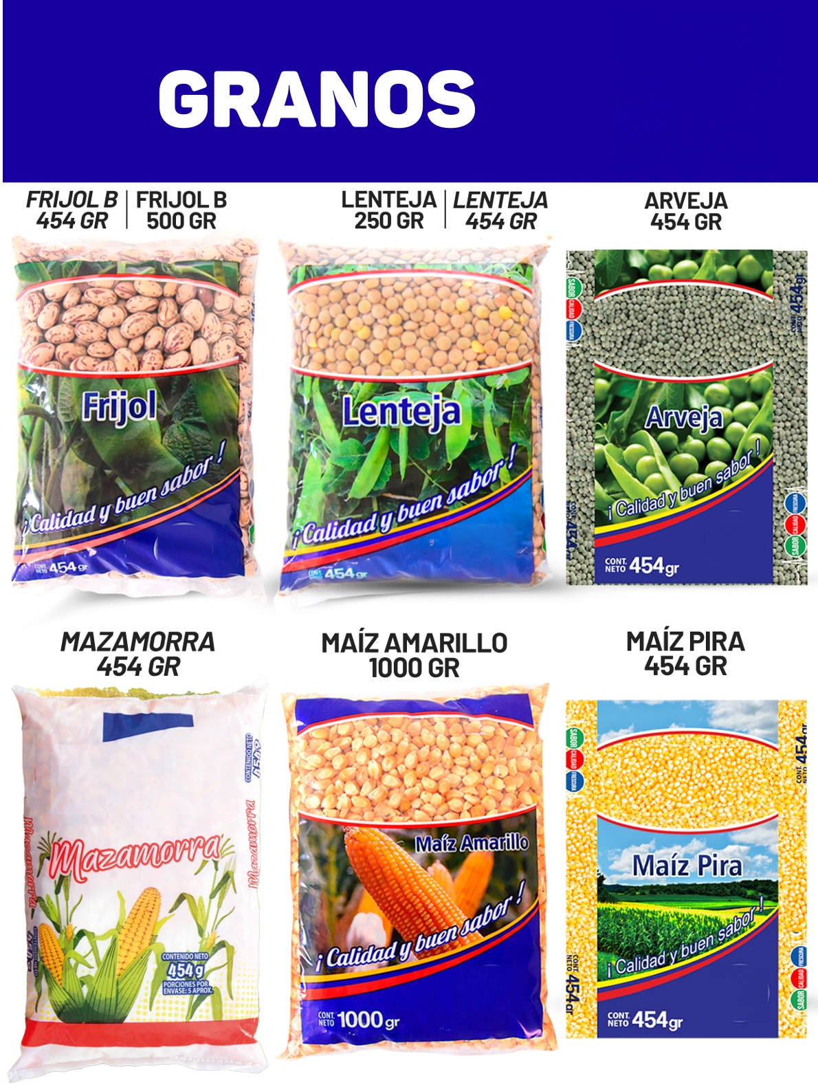 Legumbres y maíz en bolsas