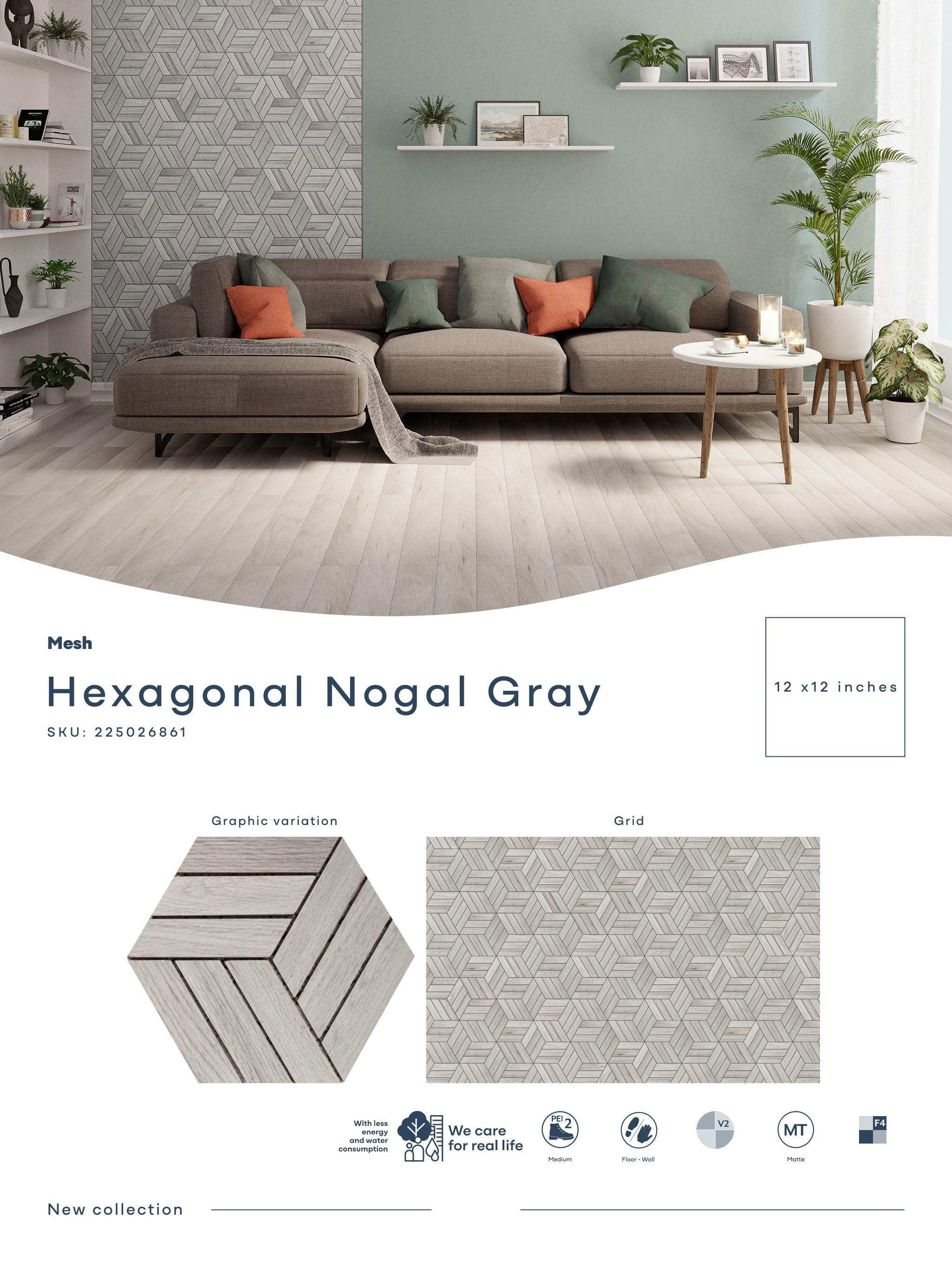 Hexagonal Nogal, acabado Gray